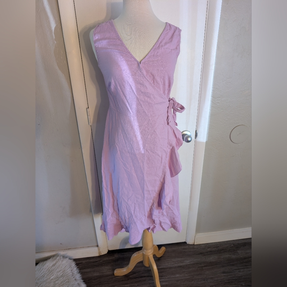 Forcynthia Linen Wrap Dress With Ruffle Hem